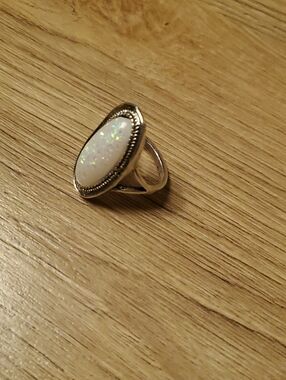 Silver White Opal Oval Statement Ring Size 8